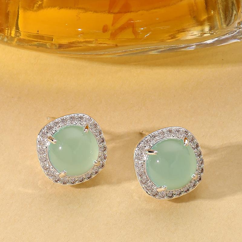 Mint Green Chalcedony Square Stud Earrings with Diamond Border, Cat's Eye, Translucent Jade - Elegant Commuting Jewelry