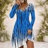 Women Criss Cross V Neck Long Sleeve Printed Fitted Curved Hem Dress