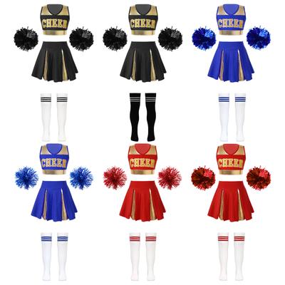 Tenues de danse de pom-pom girl pour enfants filles, sans manches, col en V, lettre imprimée, haut court, jupe plissée, 2 pièces, boules de fleurs, 1 paire de chaussettes rayées