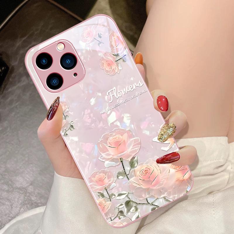 Rose Pink Flower Cluster For IPhone 16 Pro Max 15 Pro 14 13 12 Mini 11 XS Max XR 7 8 Plu SE 2022 Tempered Glass Phone Case