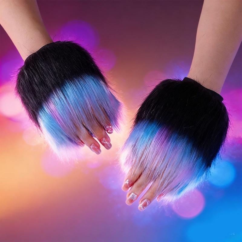 Fingerless Rainbow Fleece Gloves For Winter Soft Plush Warmth Unisex Design Colorful Bear Cosplay