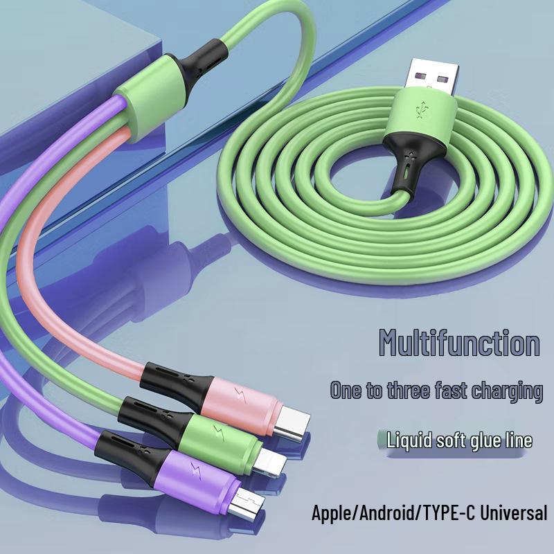 Thickened 3-in-1 Liquid Silicone Charging Cable, Ultra-Long 3A One-to-Three Data Cable