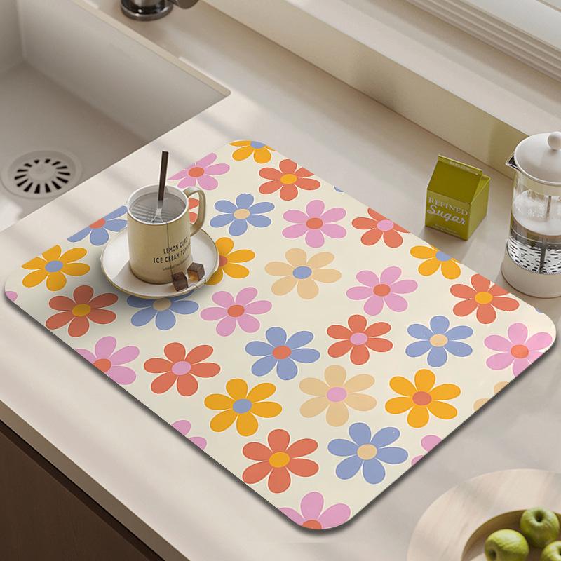 Floral Diatomaceous Earth Countertop Drying Mat - Absorbent, Quick-Drying, Heat-Resistant, Easy-to-Clean, Dustproof Oven Placemat.