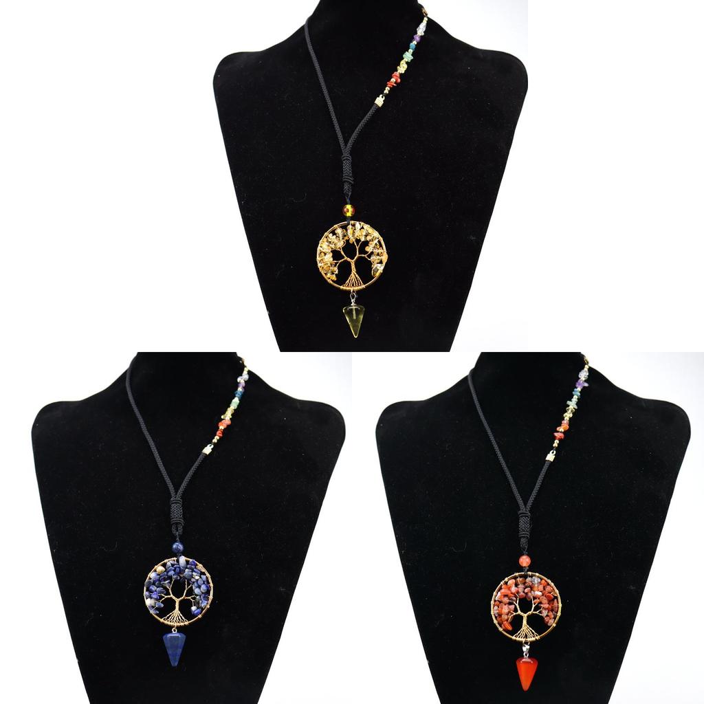 Artificial Agate Tree Of Life Pendant Necklace With Crystal Drop For Women