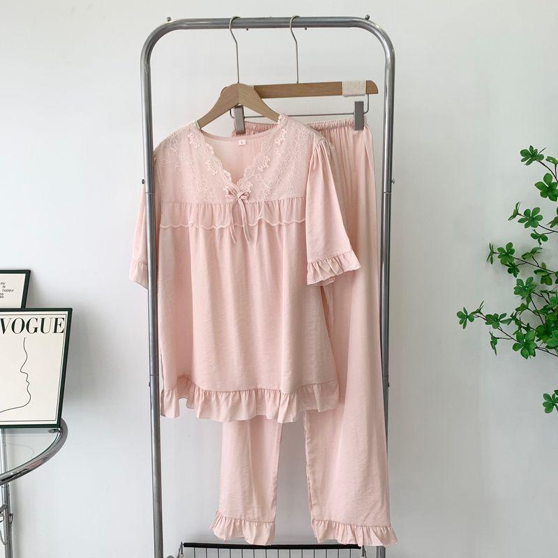 Spring and Summer New Arrival Silk Floss Pajamas V Neck Ruffled Short Sleeves Pants Two-piece Set Tencel Cotton Home Wear Palace Style K-style