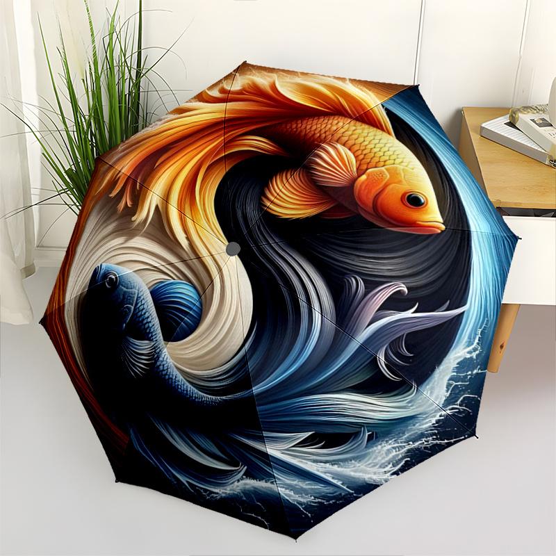 1 Stück Yin Yang Karpfen Design Automatisches Öffnen und Schließen Faltbar - Eine Gute Wahl für Geschenke, Modischer und Praktischer Regenschirm Mit Niedlichem Wagen