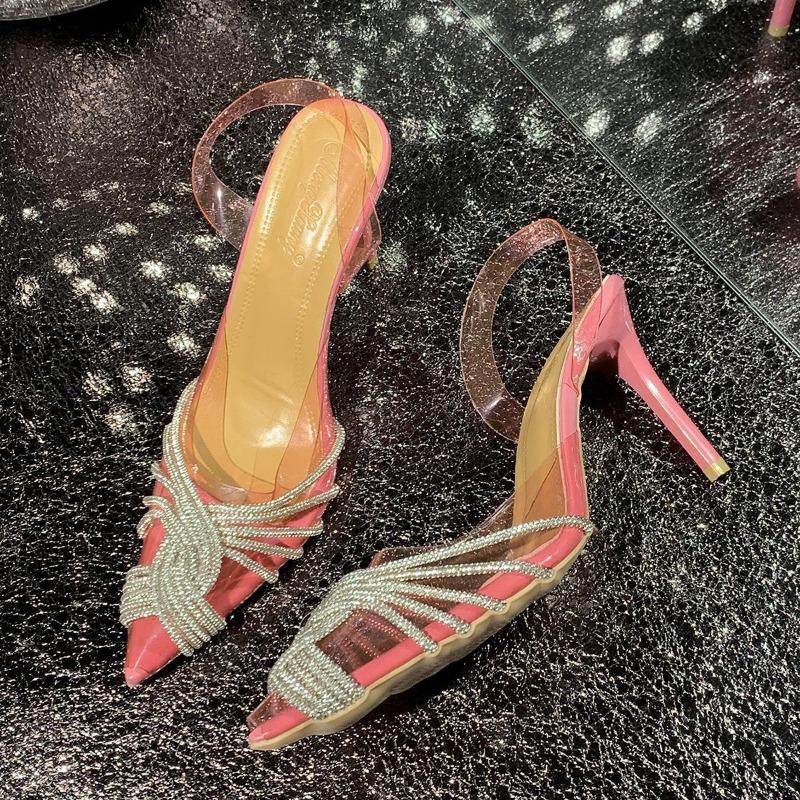 

Pointed transparent rhinestone high heels one-word sandals summer new wear sexy slippers sandals women 43 розы красного