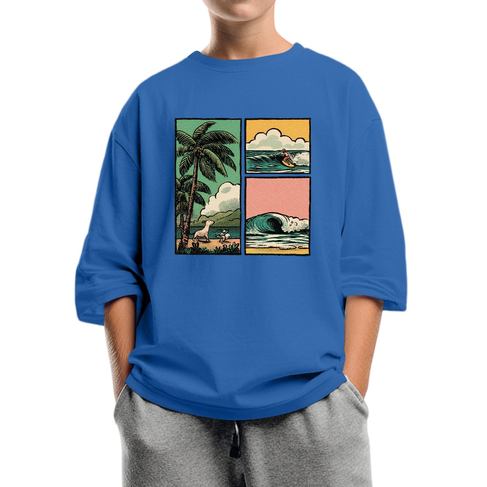 

Детская мода Принтованный топ с круглым вырезом и рукавом семь восьмых Повседневная футболка 130 синий