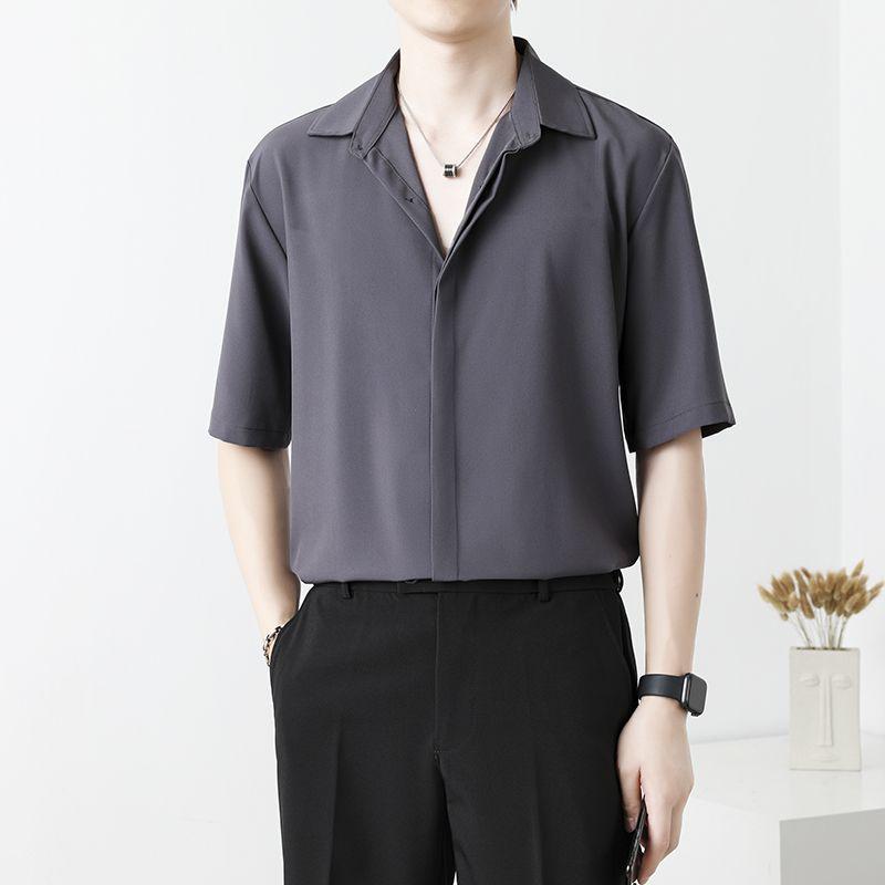 New Summer High End Handsome Fashion Cool Style Flip Collar Buckle Casual Loose Oversize Ice Silk Solid Color Shirt for Men