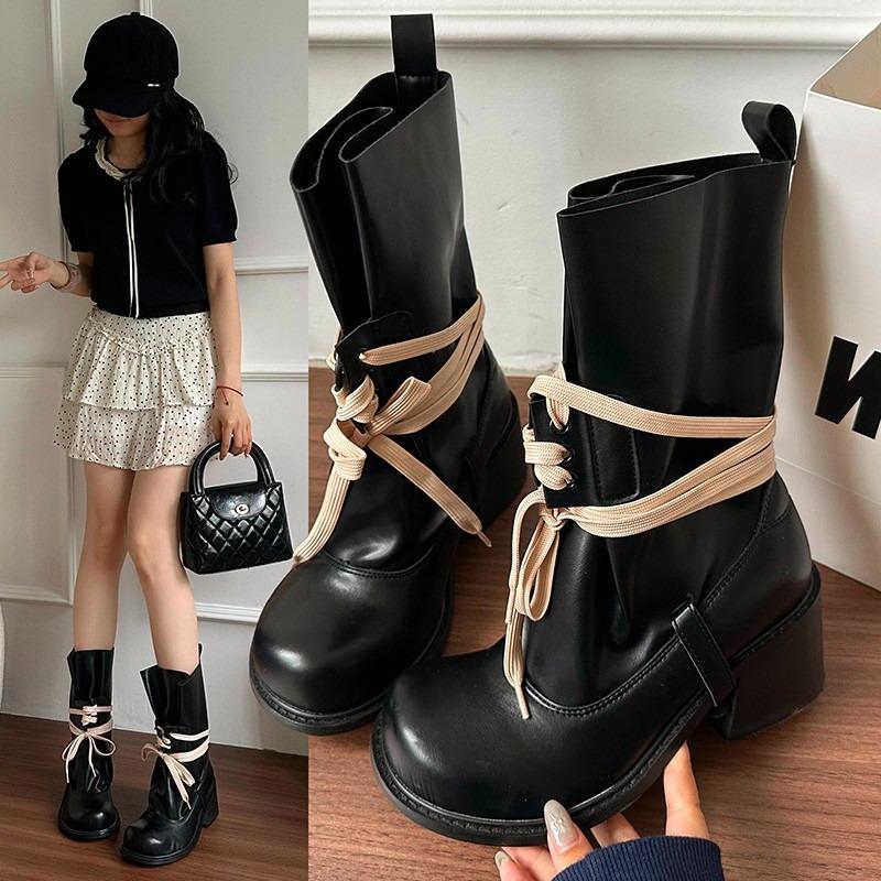 Retro Matte Punk Style Front Lace Up Mid Calf Lady Boots Round Toe Platform All-Match Casual Shoes Size 35-40 Chunky Heel Boots