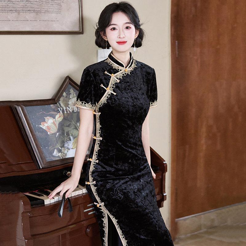 Black velvet national style new Chinese style Suzhou long autumn cheongsam improved young women's high sense daily wear