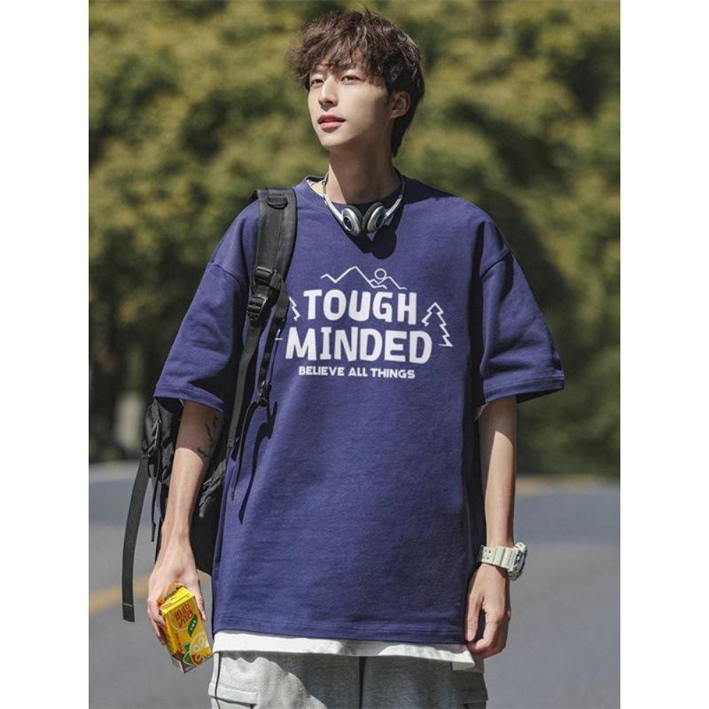 

Свободная мужская футболка из чистого хлопка с круглым вырезом и половиной рукавов, повседневная футболка, мужской пуловер в стиле хип-хоп, рубашка 3XL темно-синий