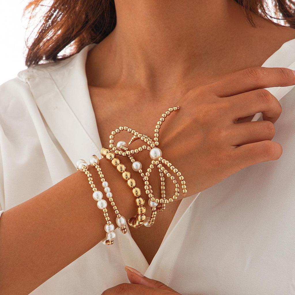 European and American Style Personalized Bow Beaded Multi-Layer Bracelet 5-Piece Set – Imitation Pearl Bracelet for Women