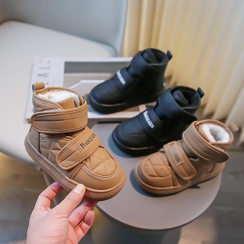 Winter Children's Plush Boot for Boys Girls Leather Plush Warm Snow Boots Drawstring Soft Soled Children Cotton Shoes