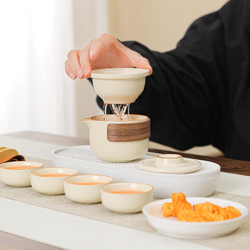 Ru Kiln Travel Tea Set One Pot Three Cups Portable Outdoor Ceramic Kuaike Cup Set Business Event Gifts