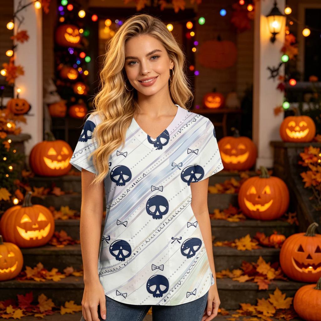 Damen V-Ausschnitt Kurzarm Kasack mit Taschen Halloween-Print Pflegekraft Uniform