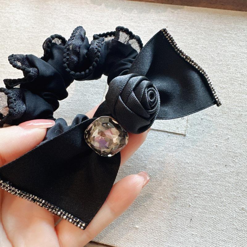 Korean Retro Rose Bow Hair Tie - Elegant Ponytail Rubber Band with Floral Accent