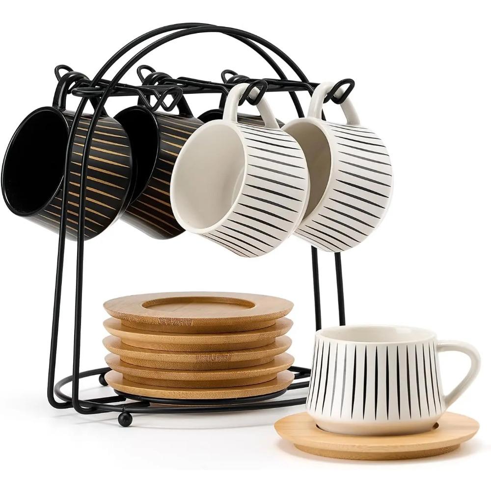 Ceramic Espresso Cups with Saucers and Metal Stand, Small 4 oz Porcelain Demitasse Cups Set of 6, Cute Cappuccino Coffee
