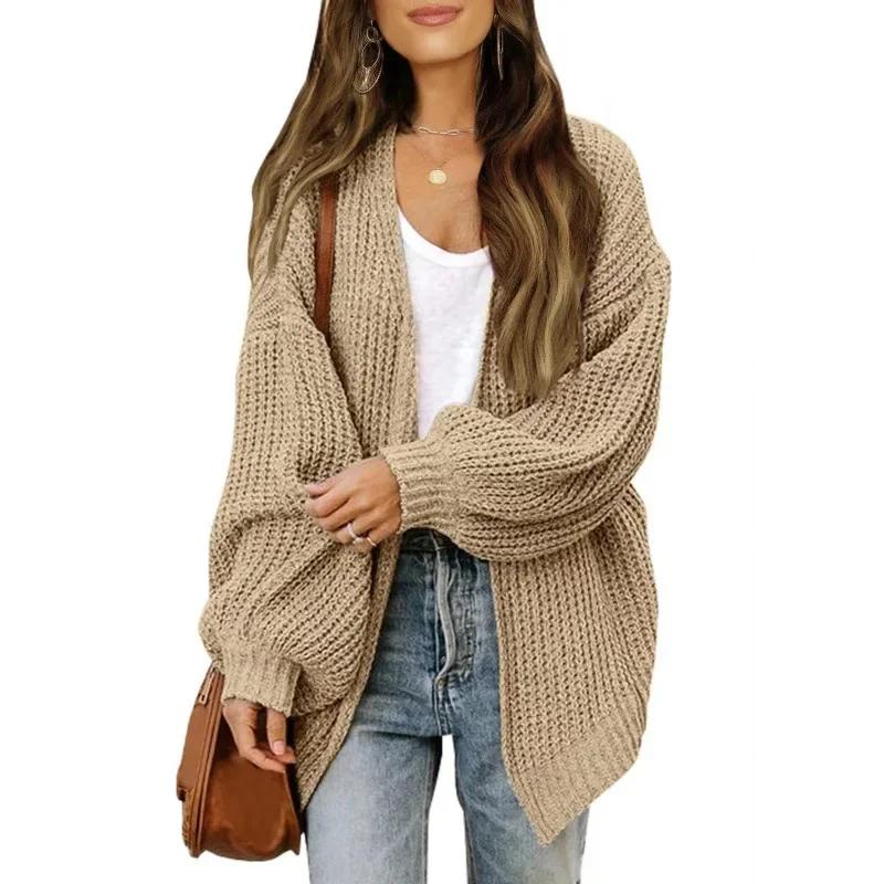 Chic Autumn Idle Style V-Neck Knitted Cardigan Women Sweater Jacket Versatile Loose Fit Casual Solid Color Lantern Sleeve Pullovers