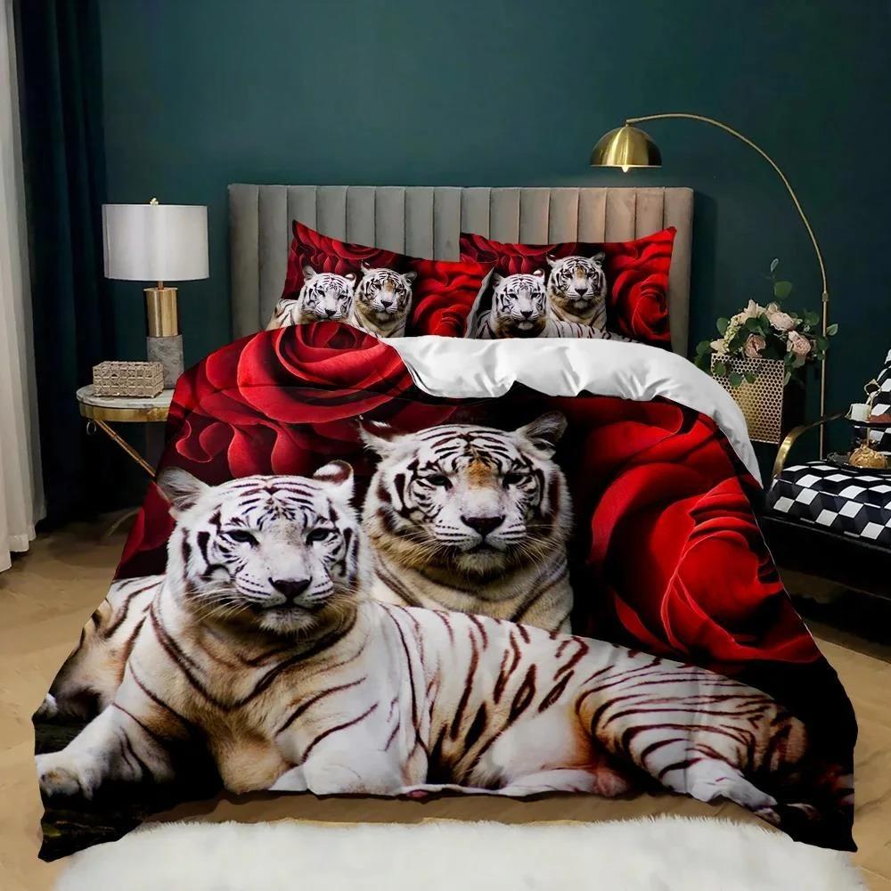 Sada povlečení Tiger Red Rose Flower Přikrývka pro chlapce Africké safari Divoká zvířata Velká kočka Queen King Polyesterový povlak na přikrývku