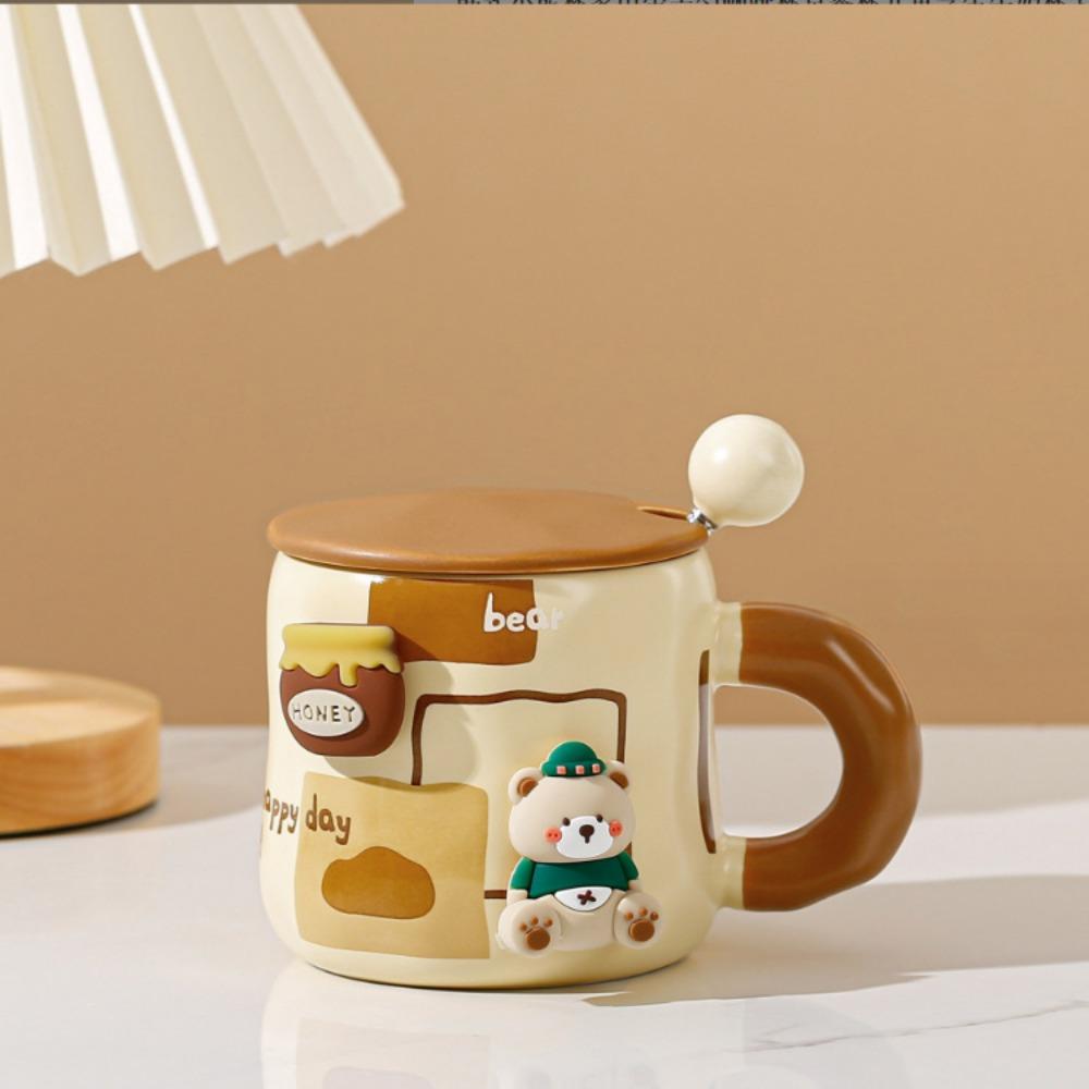 Cartoon bear mug ceramic cup ceramic couple water cup with lid spoon office cup festive gift