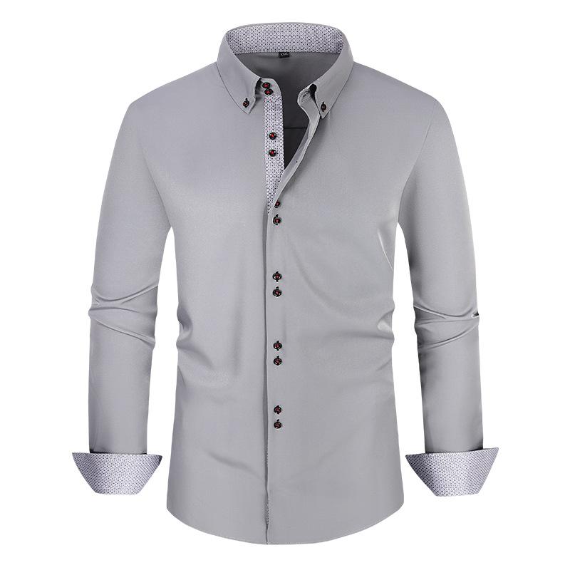 Camisa de Manga Comprida Masculina: Corte Justo, Bicolor, Elasticidade em Quatro Direções, Casual e de Negócios, Tamanho Grande