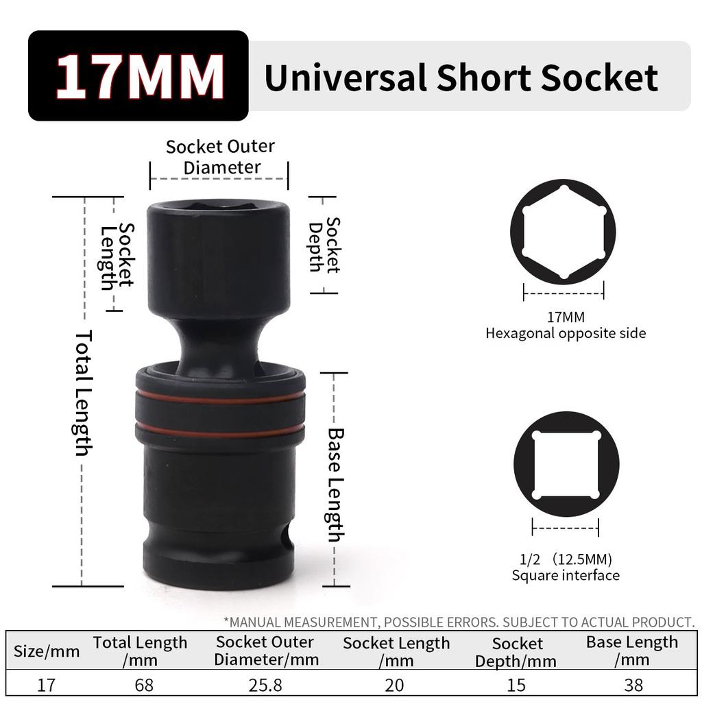 1/2inch Drive 10-24mm Universal Joint Hex Short Socket Electric Wrench Adapter 360°Swivel Impact Socket For Pneumatic Wrench