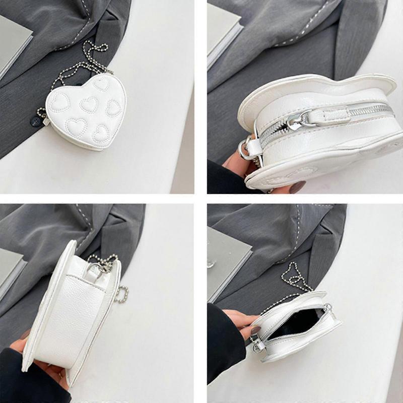 Modern Heart Detailing Women's Small Crossbody Bag PU Leather Lightweight Evening Purse With Chain Strap  White