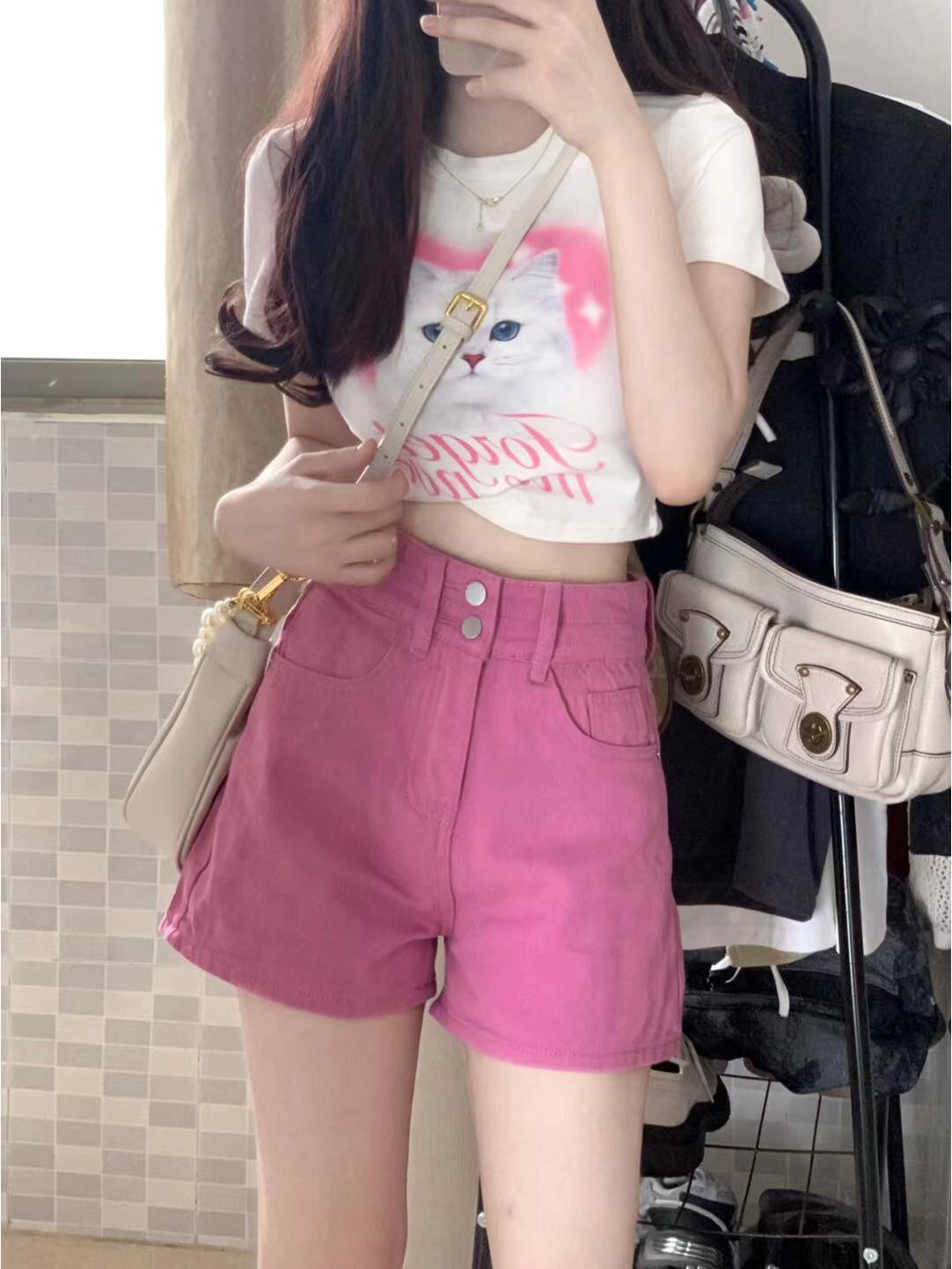 

Розовые джинсовые шорты с высокой посадкой для женщин: Большой размер, Свободный крой, А-силуэт, Широкие брюки, Модный летний стиль S розовый