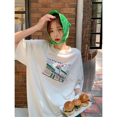 [Combed Tight Pure Cotton] Shoulder Loose Printing Short-sleeved T-shirt Women's Top T