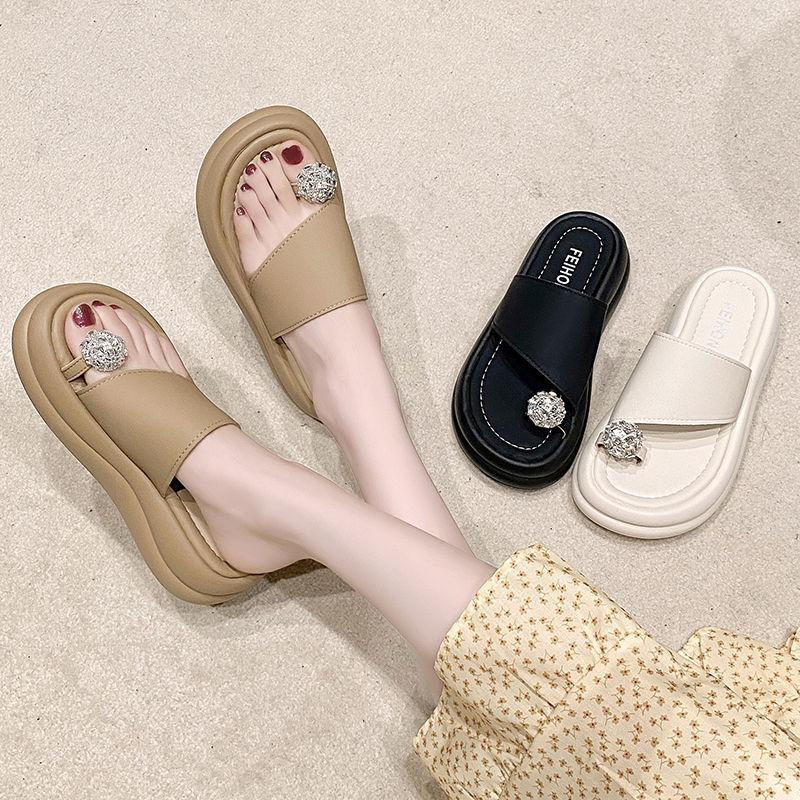 Set of toe cool slippers female 2025 new summer wear muffin thick sole heightening fairy shoes rhinestones with skirt sandals