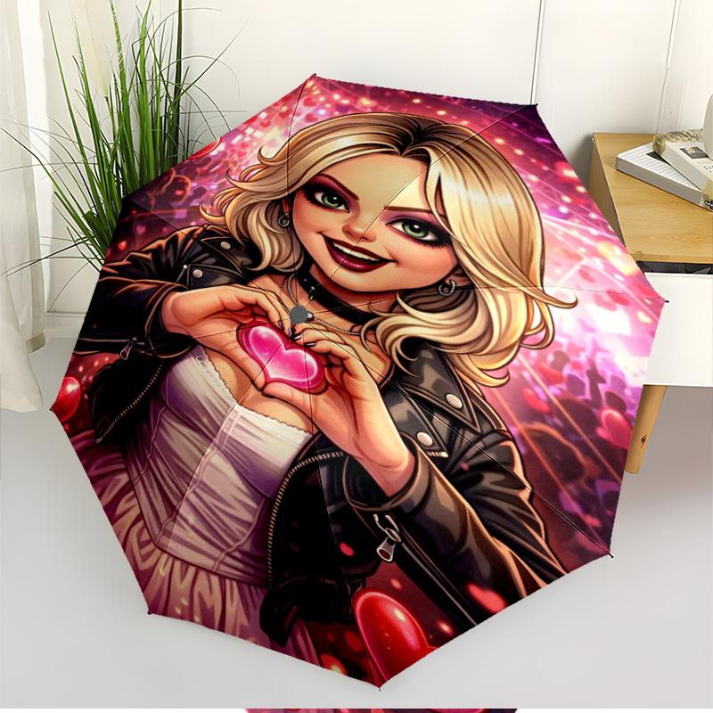 Bride of Chucky Print Automatic Open Close Umbrella, Portable Foldable Umbrella, for Outdoor Commute Camping Trip, Ideal Birthday Gift
