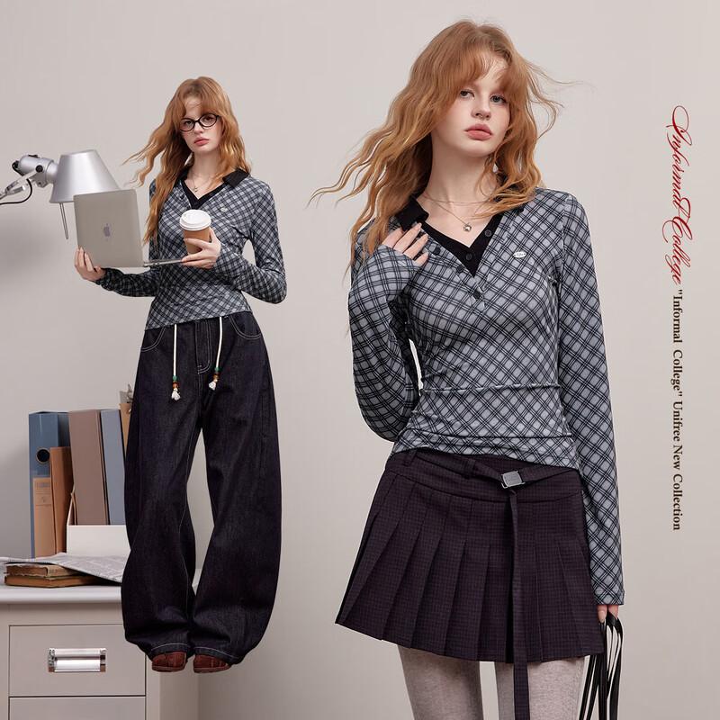 UNIFREE Women s Retro Plaid V-Neck Long Sleeve T-Shirt S