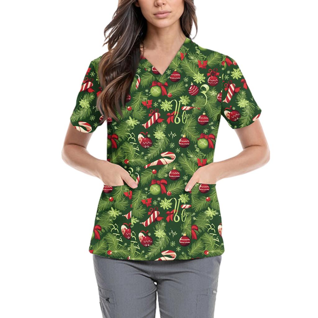 Women's Cute Bow Printed Work Clothes V-neck Double Layer Pockets Basic Short Sleeve Top Pullover