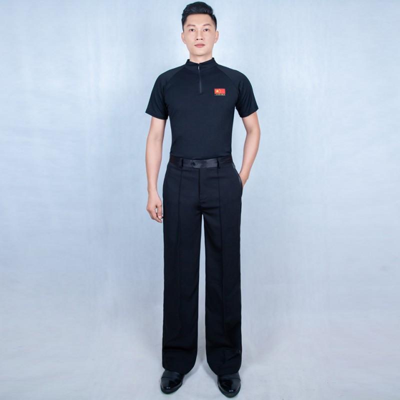 Mens Latin Dance Practice Top Short Sleeve Stand Collar Insert Shoulder Performance Shirt Ballroom Salsa Bachata