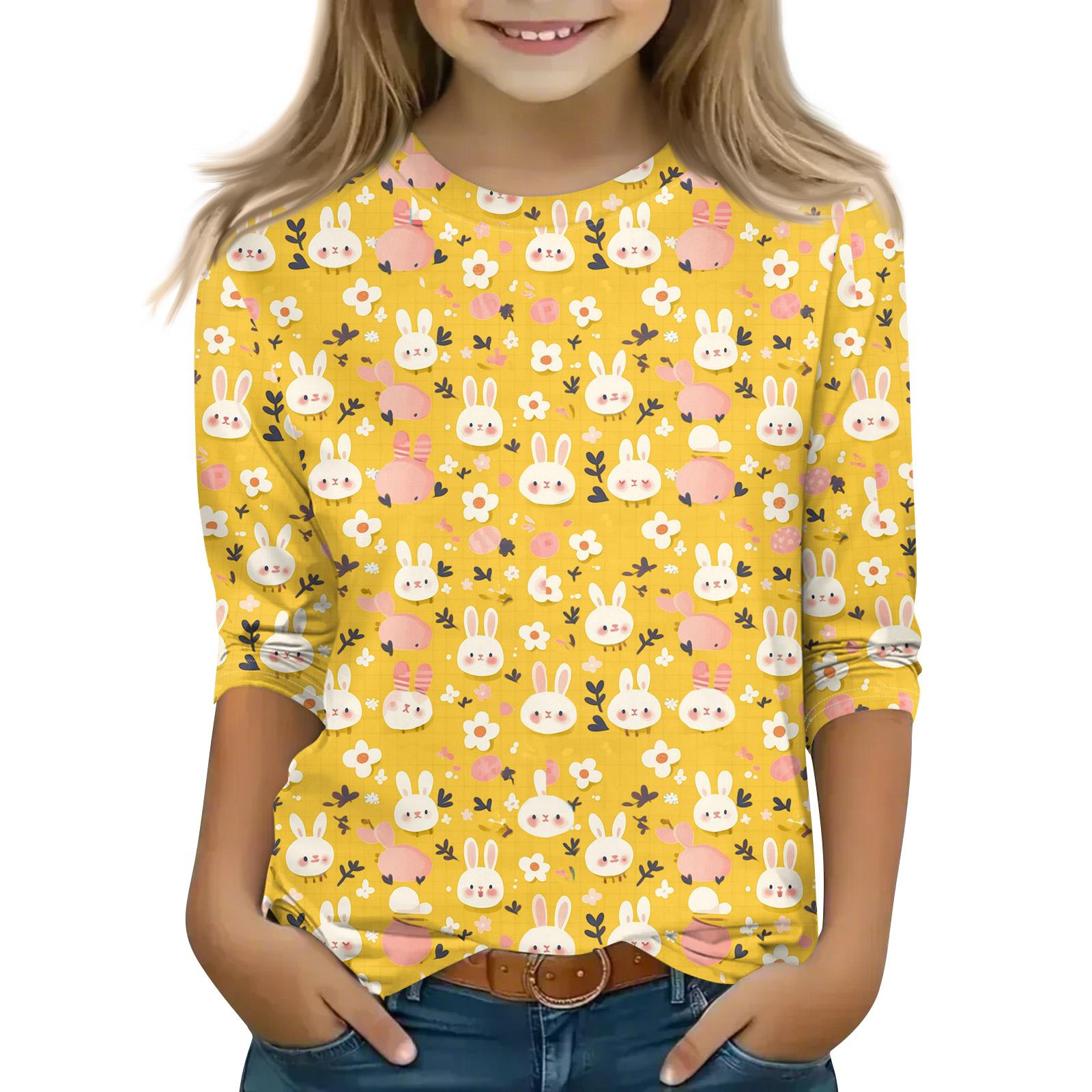 

Print Tops For Youth Girls Round Neck 3/4 Sleeves T-Shirts Trendy Tops Outfit Tees 160 жовтий