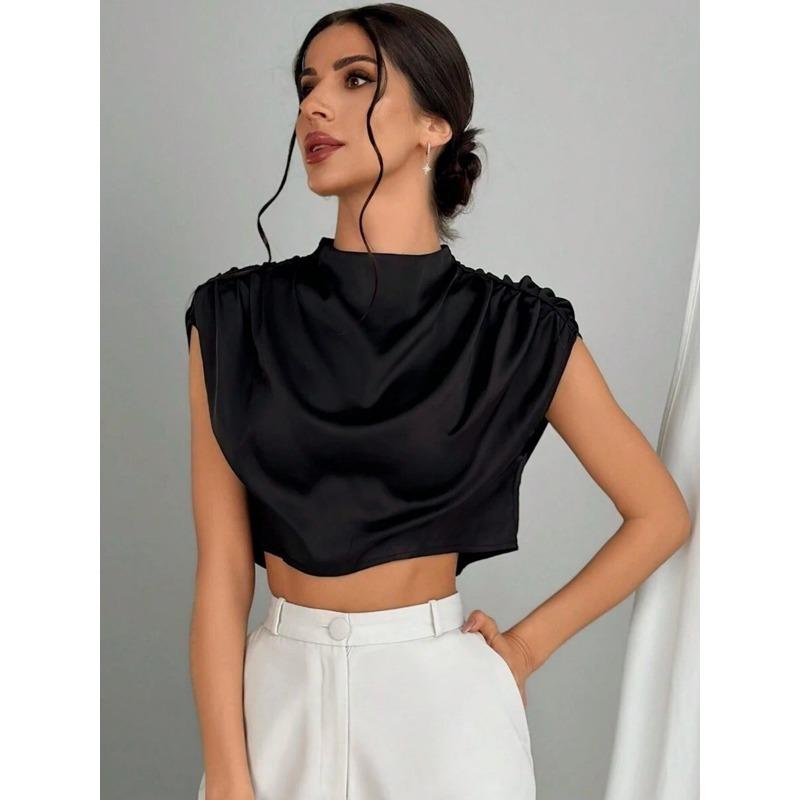 Women's Spring Summer Pleated Satin Shirt Color Ding Imitation Silk Short Shirt