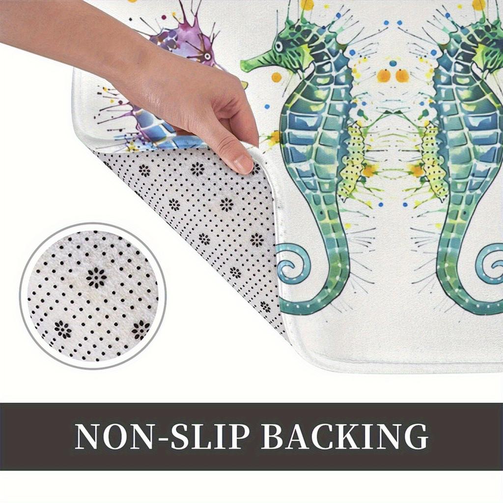 1pc Seahorse Bath Mat - Non-Slip Bathroom Mat with Oceanic Seahorse Design In Teal, Green, Purple, Non-Slip Backing for Shower,