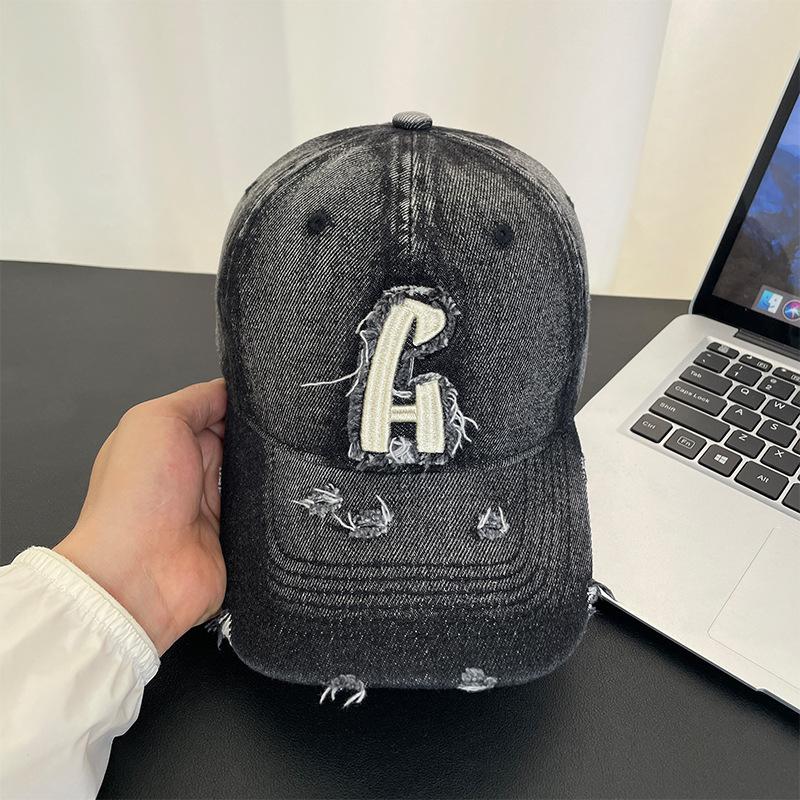 

Washed ripped denim baseball cap women s summer retro letter versatile sun hat men s and women s peaked caps