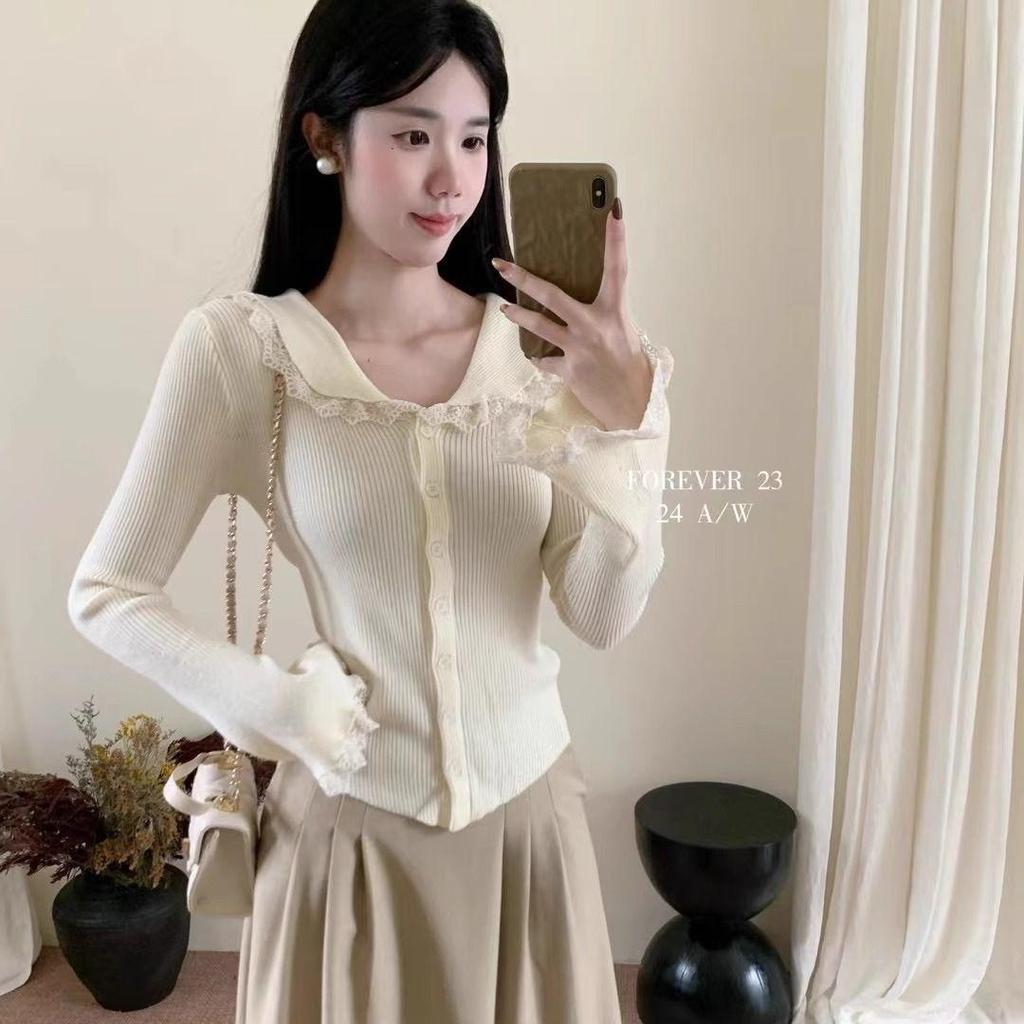 2024 Women's Autumn Knitted Cardigan: French Lace Peter Pan Collar, Bell Sleeves, Skirt Hem Crop Top