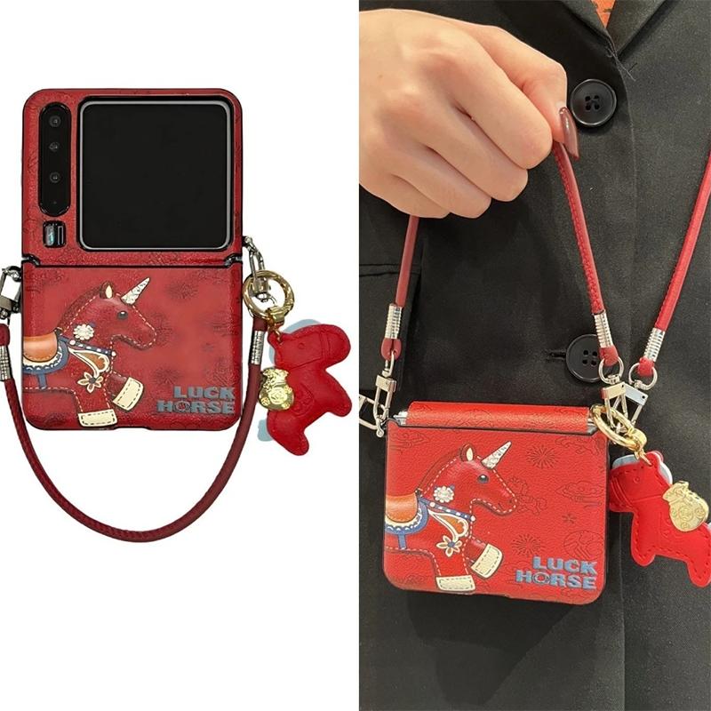 zflip7 case Horse Year Phone Cases For Samsung Galaxy z flip7 zflip 6 z flip5 Xiaomi Mix Flip / Flip 2 Casing Red Ponny Shockproof Leather Cover