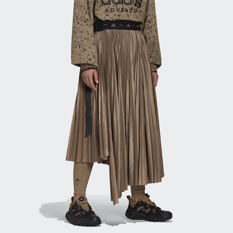 Adidas Originals X Hyke Asymmetrischer Saum Einfarbig Mittelhoch Anliegend Plissierter Maxi-Rock Damen Röcke Gelbbraun GP3042