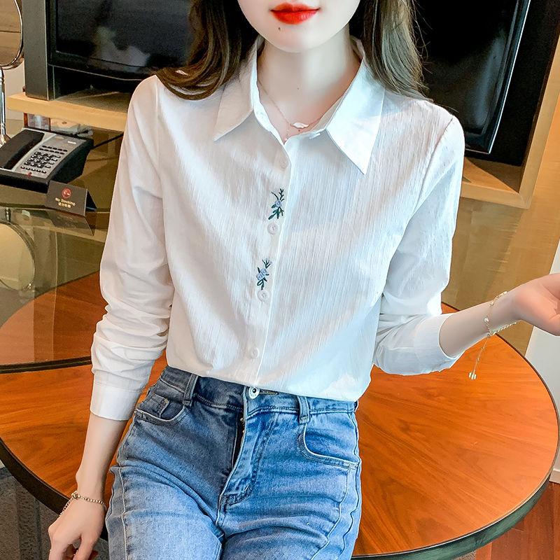 Women's Blue Shirt Autumn New Style Versatile Embroidered White Shirt Long Sleeve Top
