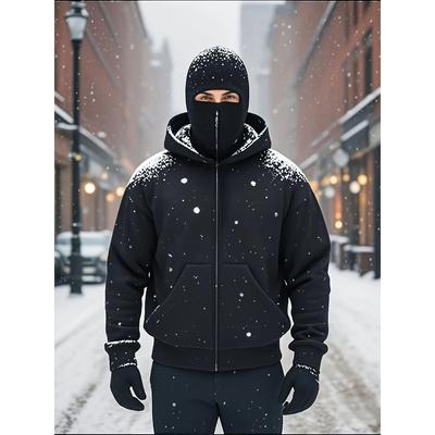Herrenjacke mit durchgehendem Reißverschluss und Kapuze, Winter-Windbreaker, Kapuzendesign mit Maske, Doppellagige Kapuzen-Reißverschluss-Sweatshirtjacke