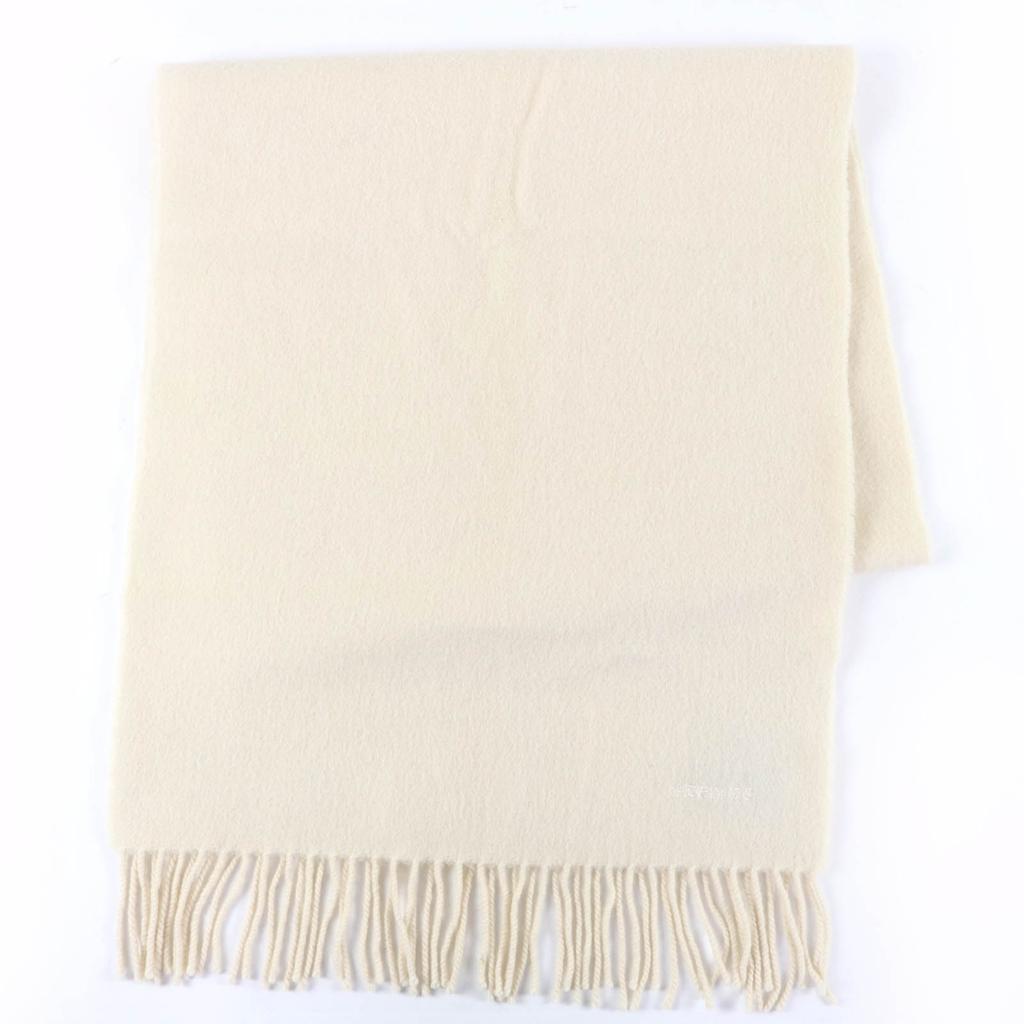 Great HERMES Scarf Recto Verso Embroidered logo with fringe Ivory cashmere Women Used