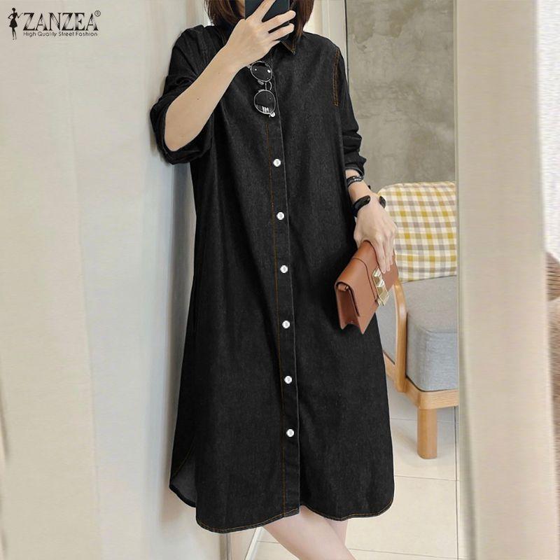 ZANZEA Women Casual Turn Down Collar Loose Long Sleeve Shirt Dress