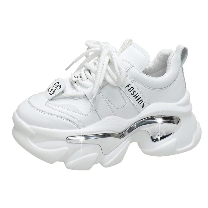 

Модные кроссовки из натуральной кожи для женщин высшего качества, осенние, на шнуровке, на платформе 6 см, на толстой подошве, спортивные, для ходьбы, массивные туфли, женские, весенние 36