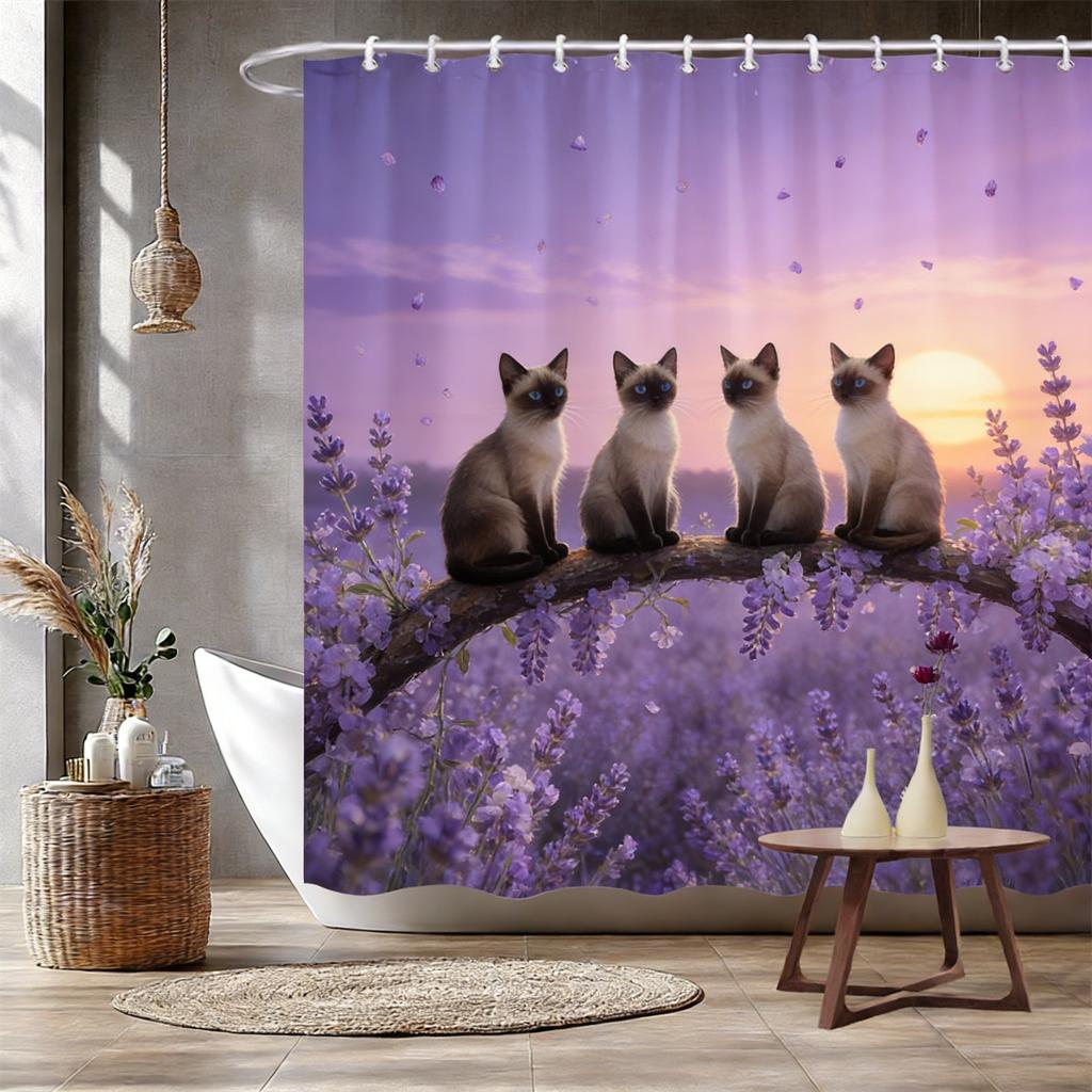 Four White Cats on Magnolia Branch Waterproof Shower Curtain for Bathroom Decor