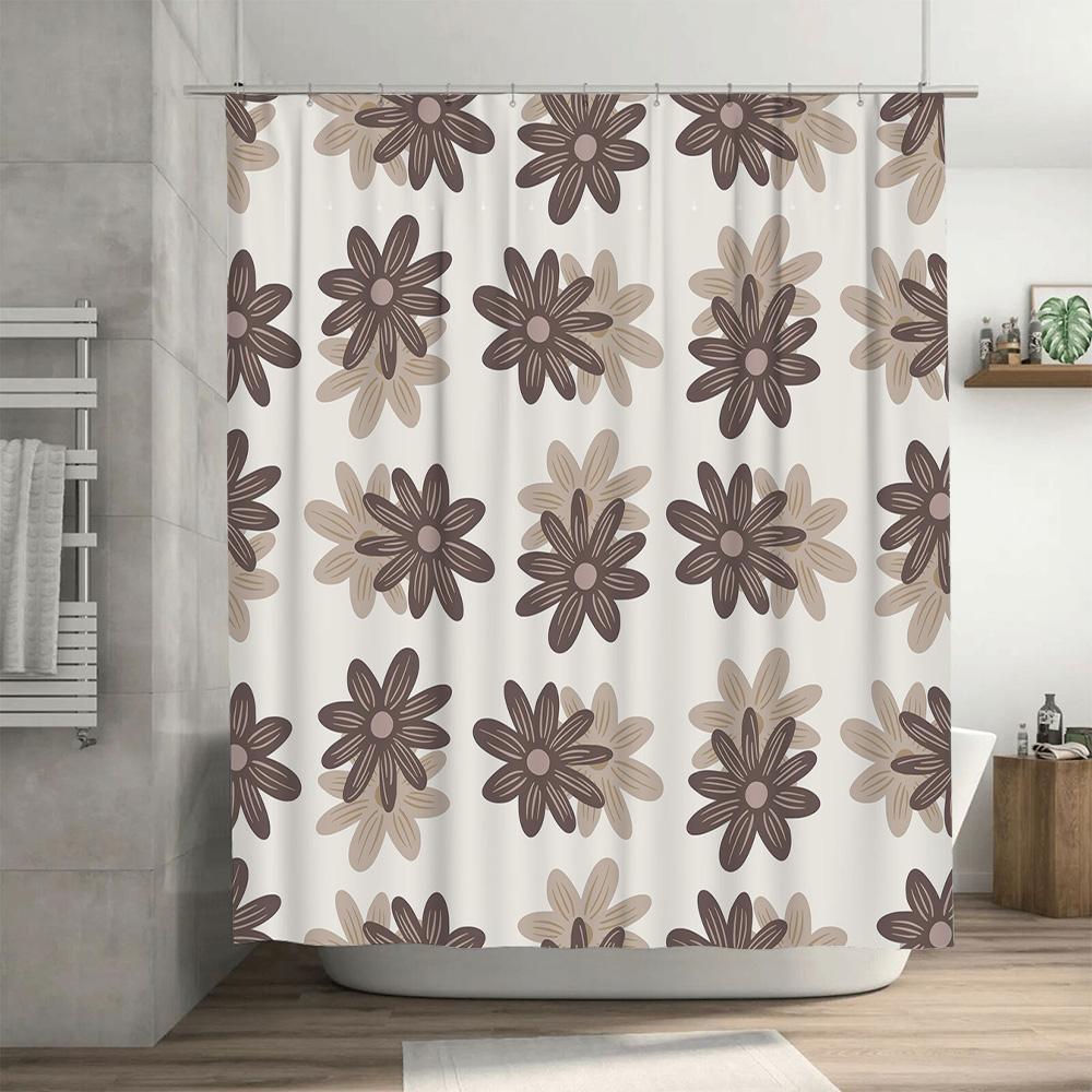 Brown Floral Shower Curtain Home Decor Waterproof Bathroom Accessories White Flower Bathtub Liner Print Rug Gray Bath Mat