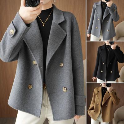 Women Jacket Lapel Solid Color Double-breasted Woolen Coat Short Type Loose Thermal Long Sleeved Commuting Dating Spring Fall Winter Coat